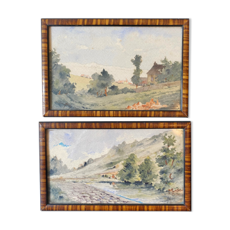 Watercolors XIX° "Landscapes of the countryside" signed A. Blin