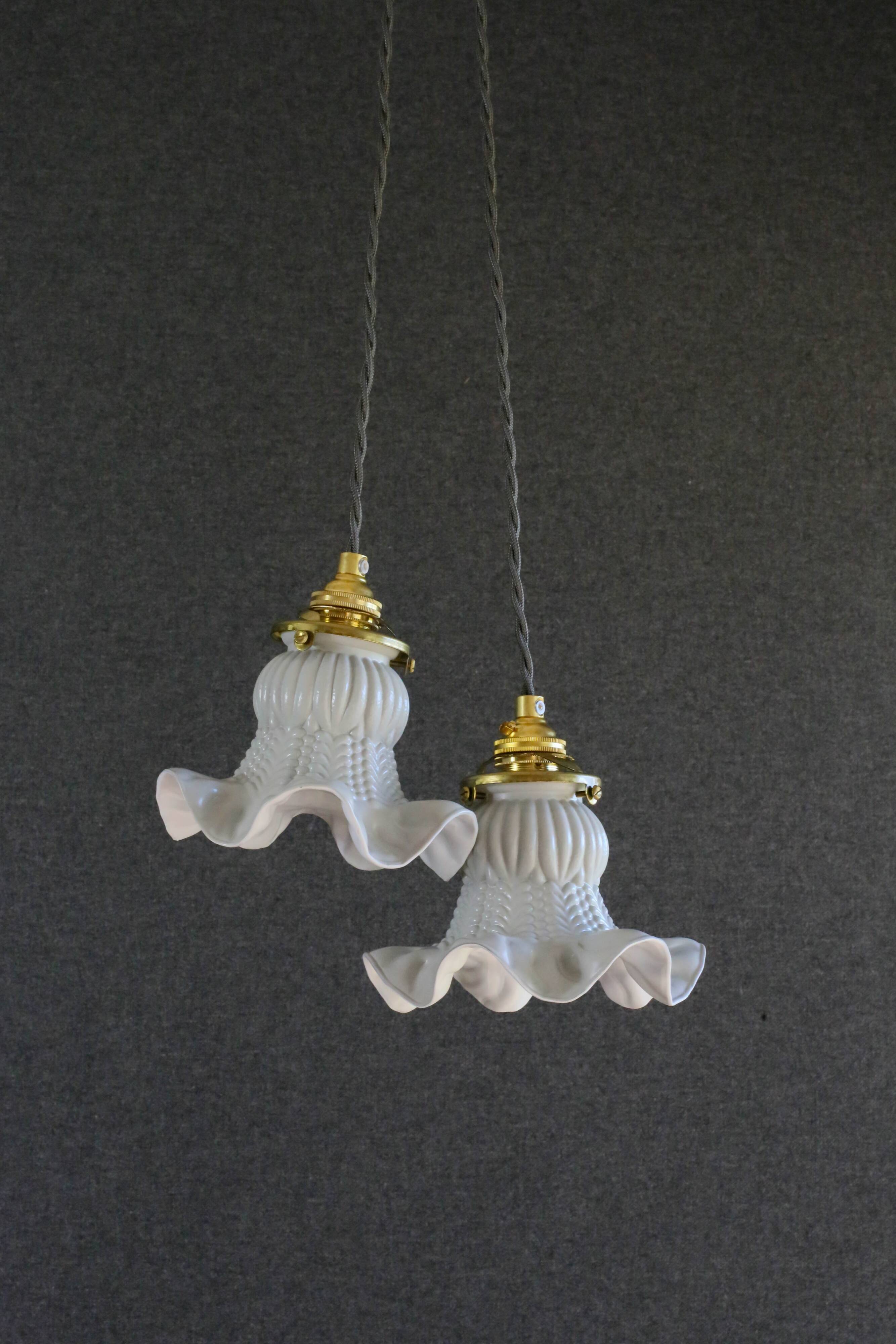 A set of two old pendant lights painted in gray and white, delivered with cable and nf socket