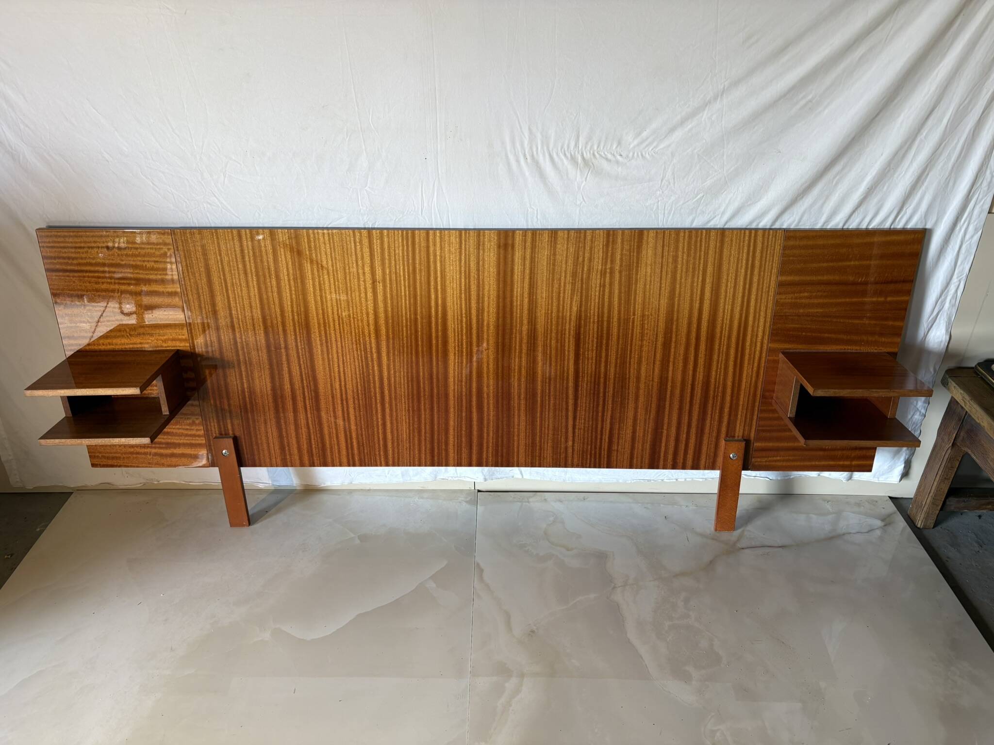 Varnished mahogany headboard, integrated bedside tables, 1960s