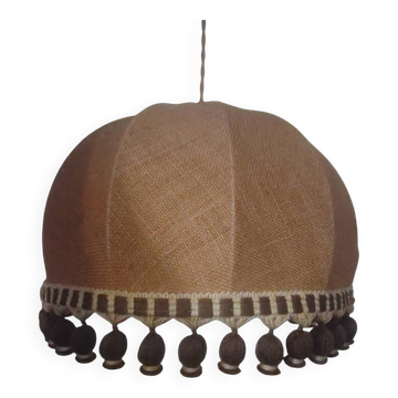 Large hanging pendant light with a burlap and pom-pom style