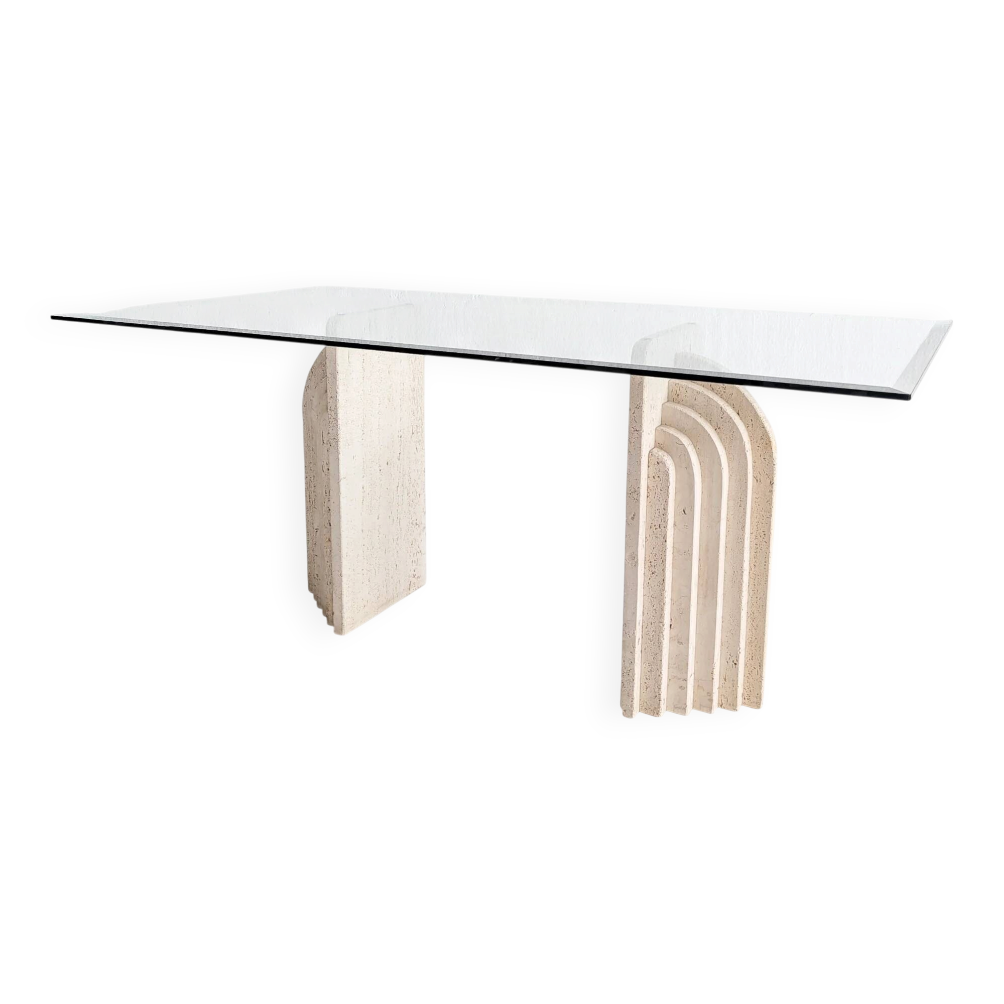 Dining table in travertine and glass with sculpted legs, 1970s.