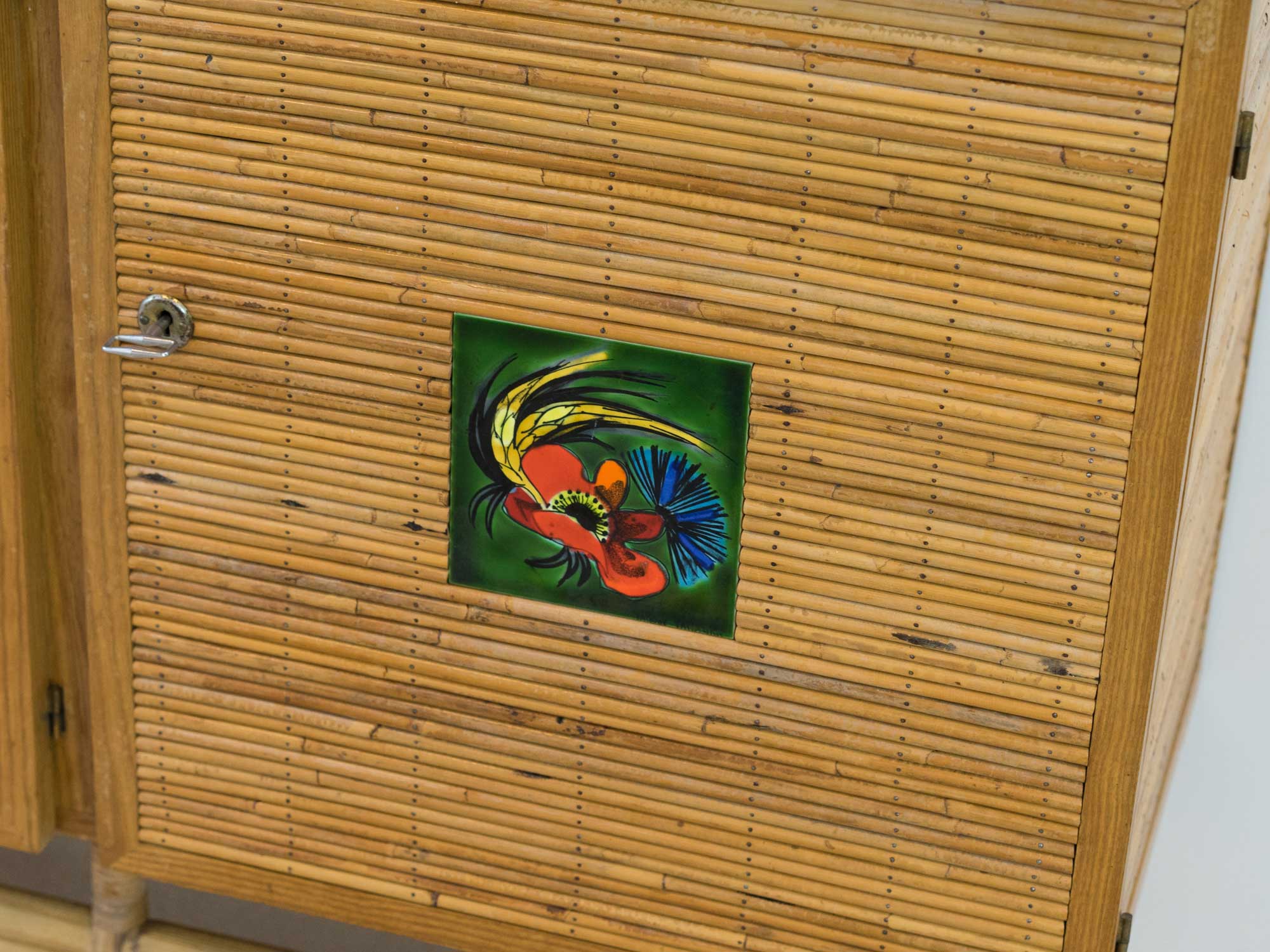 Rattan sideboard, Vallauris tiles, 1950s