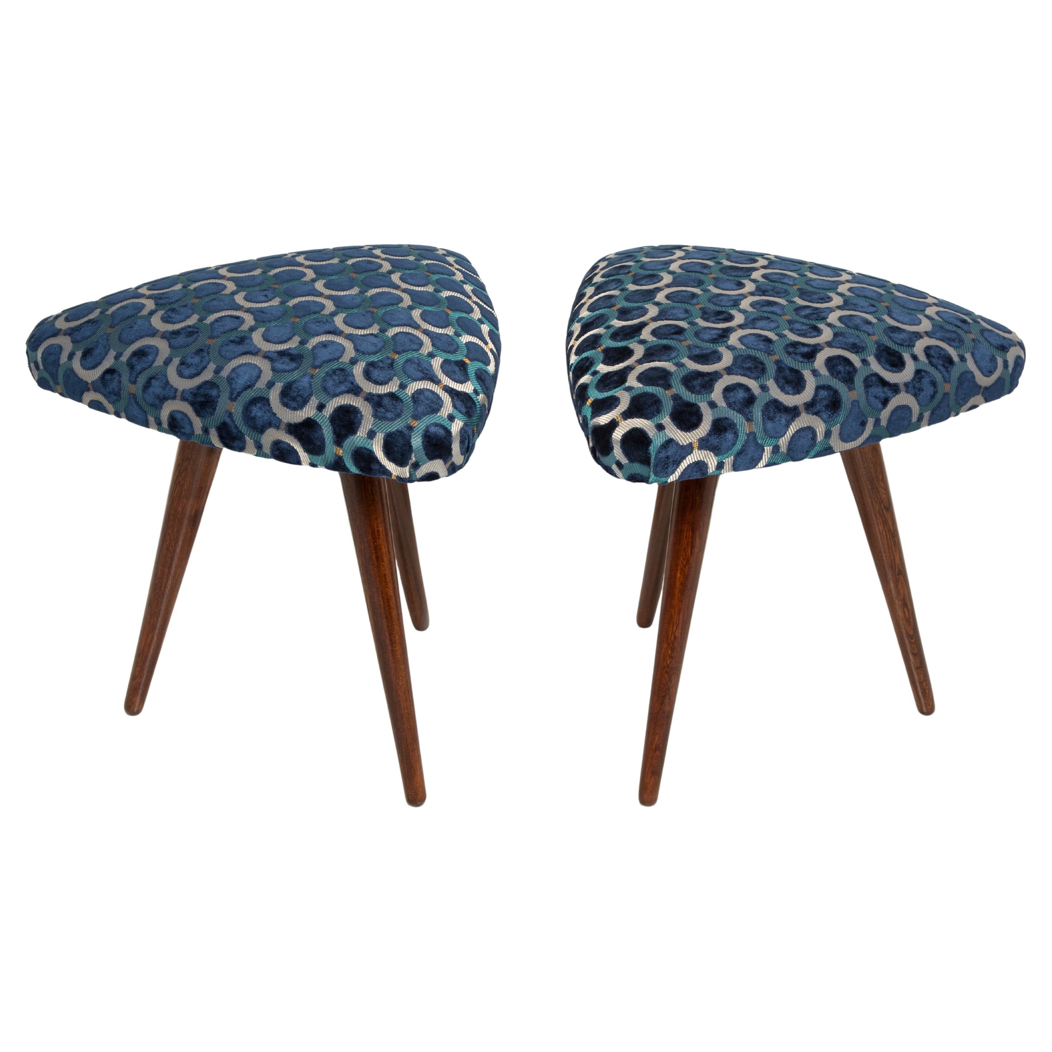 Set of two Scarabeo triangle stools in blue Dedar velvet, mid-century, Europe, 1960s.