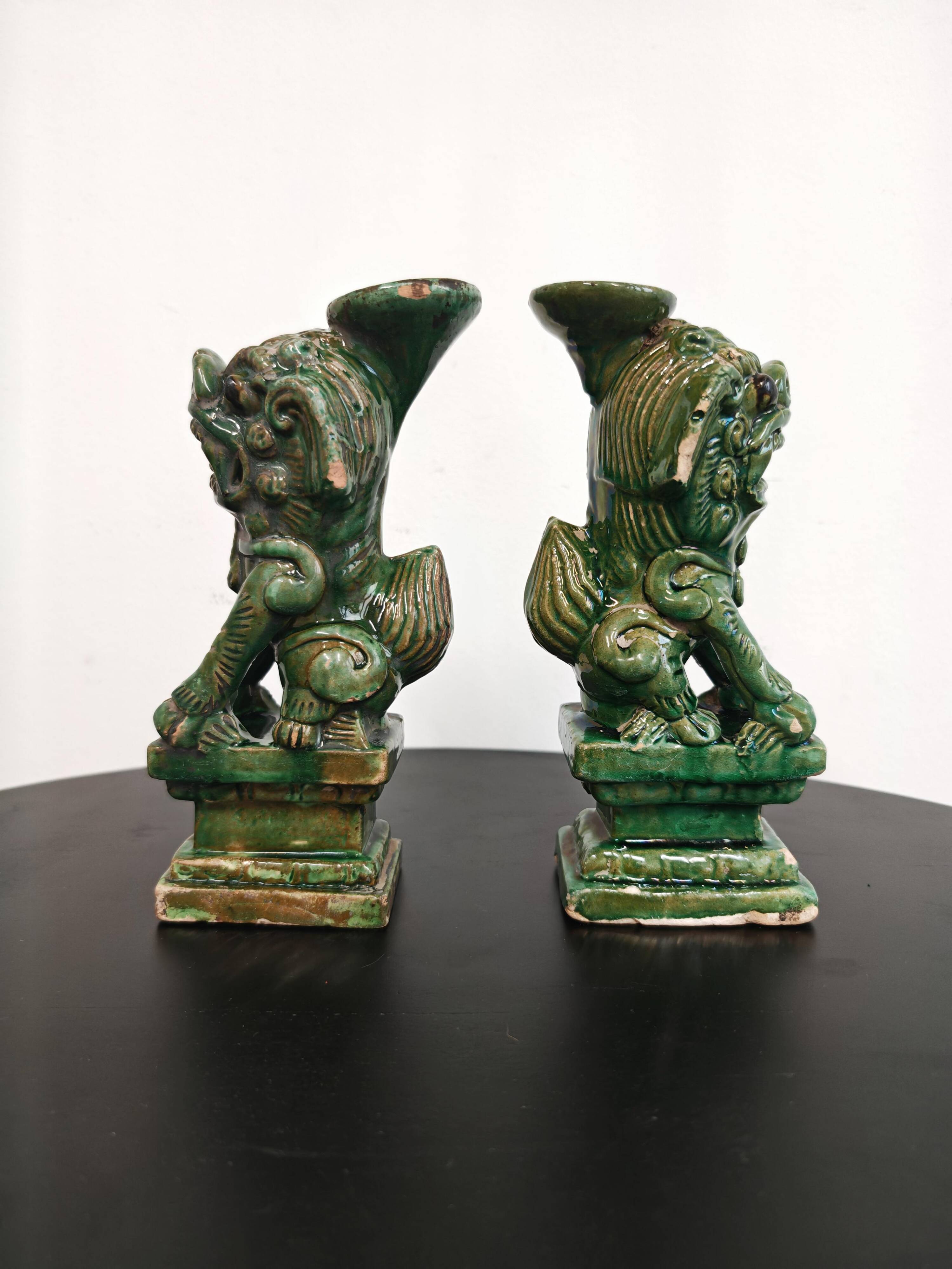 Pair of Foo Dog candle holders in ceramic, China 19th century