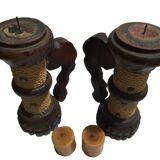 Duo of Wooden Candle Holders with Brutalist-Style Rope Decor