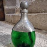 Vintage French green glass and pewter carafe - 1930s handcrafted bottle with stopper