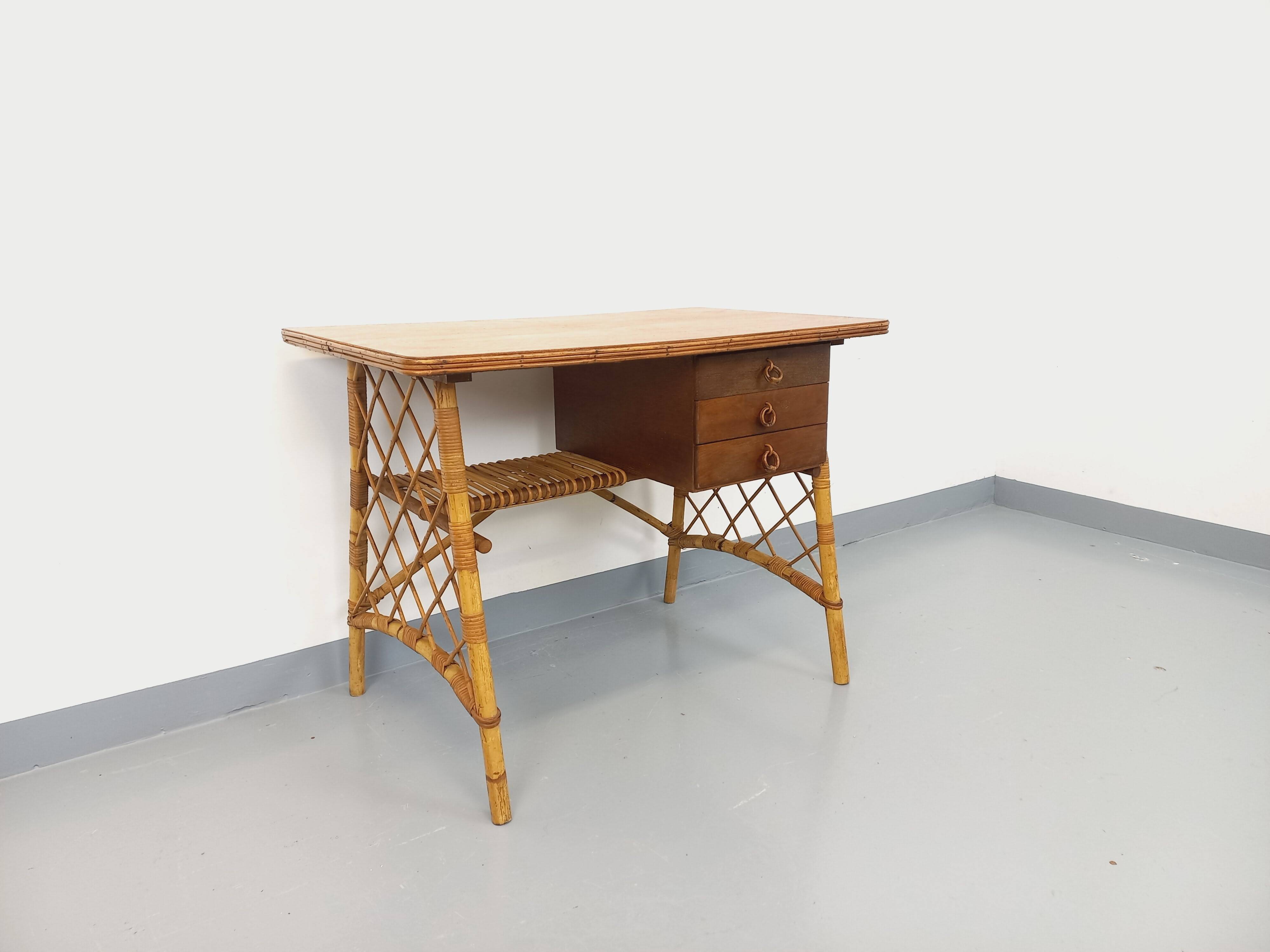 Vintage Louis Sognot desk in rattan and wood from the 1960s