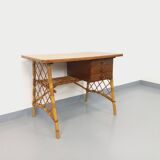 Vintage Louis Sognot desk in rattan and wood from the 1960s