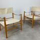 Pair of safari armchairs canvas and leather stretched