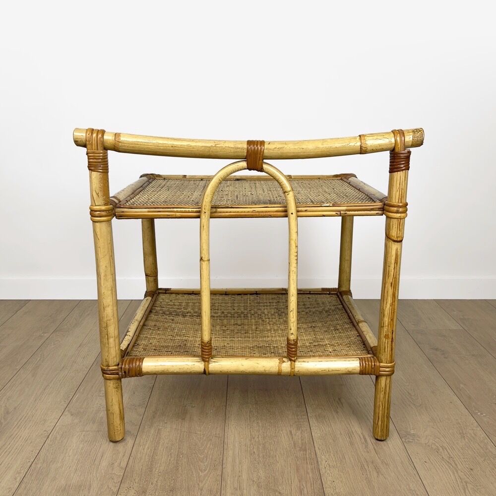 Vintage bamboo and woven straw side table