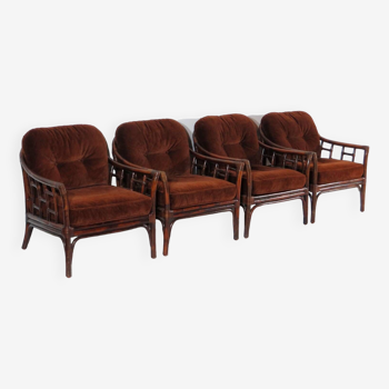 Ensemble de quatre fauteuils lounge vintage en rotin de bambou et tissu marron, 1960