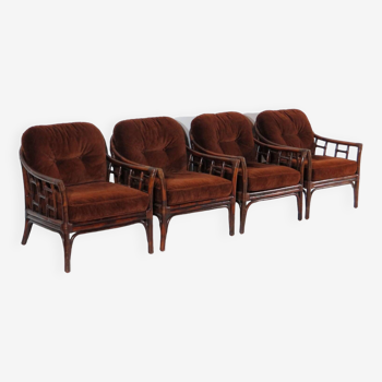 Set of four vintage mid century bamboo rattan lounge arm chairs with brown fabric, 1960s