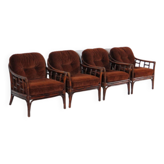 Set of four vintage mid century bamboo rattan lounge arm chairs with brown fabric, 1960s