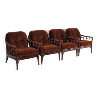 Ensemble de quatre fauteuils lounge vintage en rotin de bambou et tissu marron, 1960