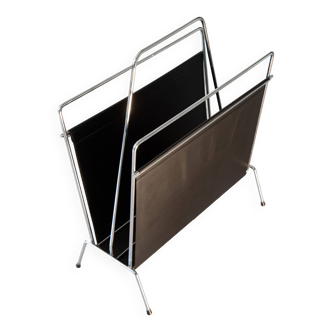 Minimalist 70s magazine rack, chrome and skai