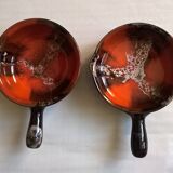 Vallauris frying pans with signed terracotta ceramic handle.