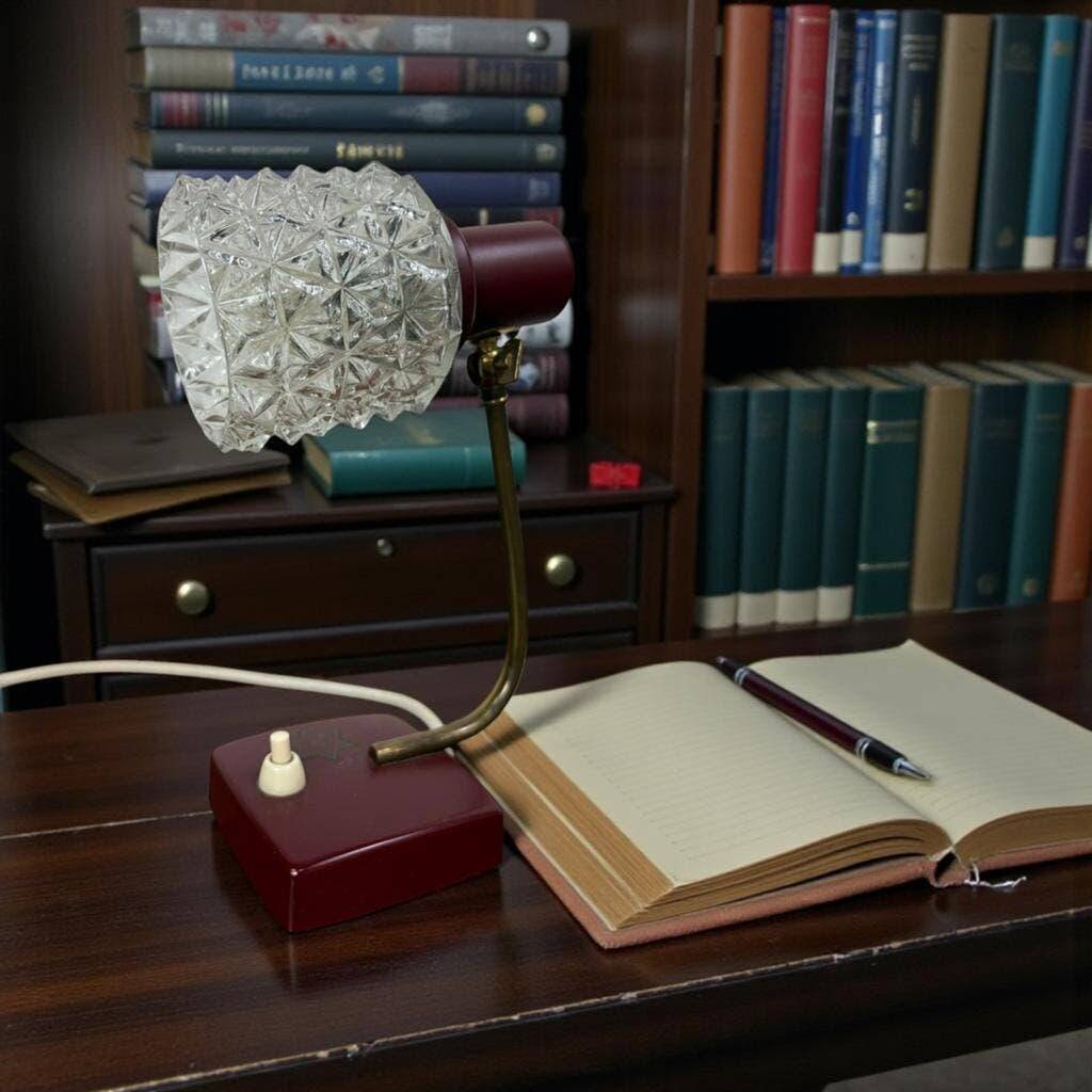 Vintage burgundy table lamp with glass shade.