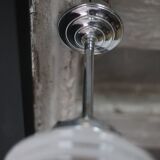 Art Deco pendant light, chrome metal suspension and glass globe, ceiling lamp.