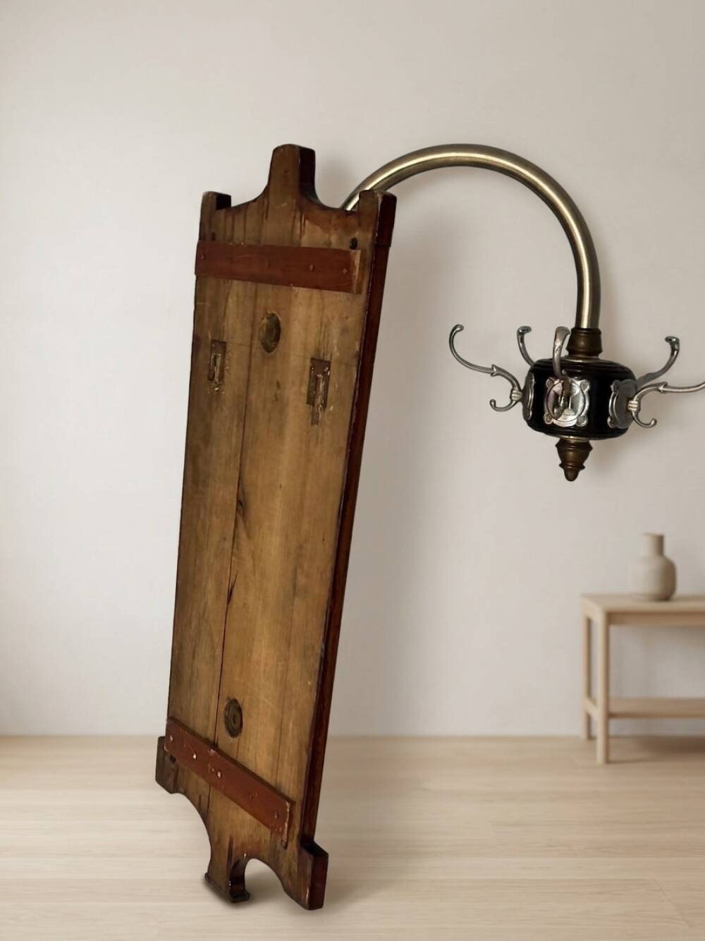 Vintage coat rack mid-century wooden rack with metal hooks, 55 × 40 × 92 cm