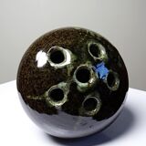 Brown and green glazed stoneware flower holder, vintage craftsmanship from the 1970s-1980s.