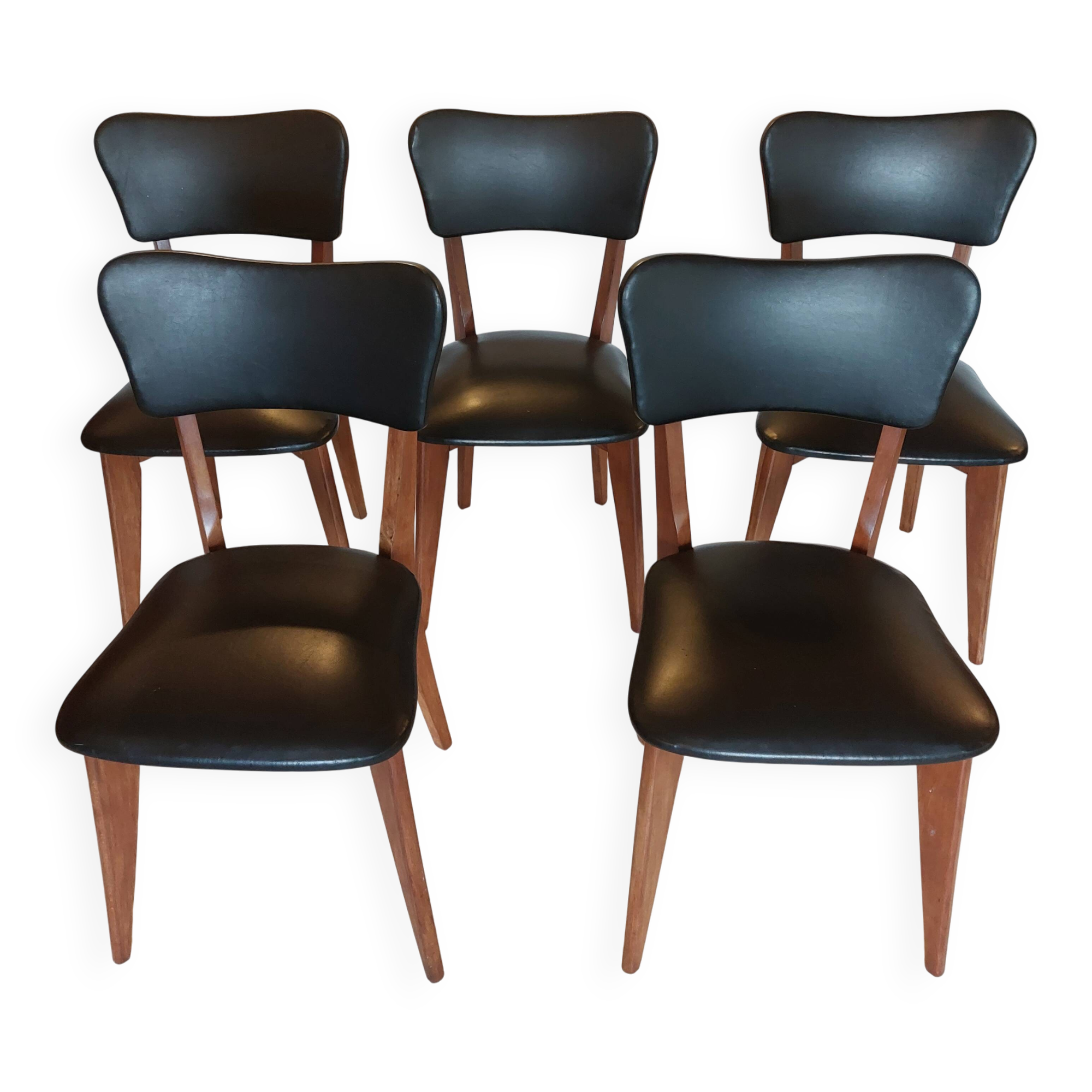 5 chairs in wood and black faux leather, Scandinavian style