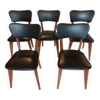 5 chairs in wood and black faux leather, Scandinavian style