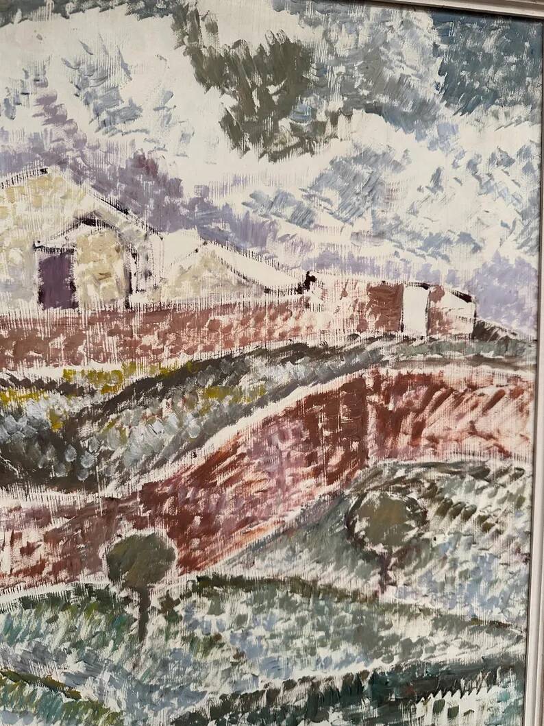 Original Swedish Oil on Canvas – "Landscape with Buildings" by Gösta Nordblad – Signed – Vintage and Framed