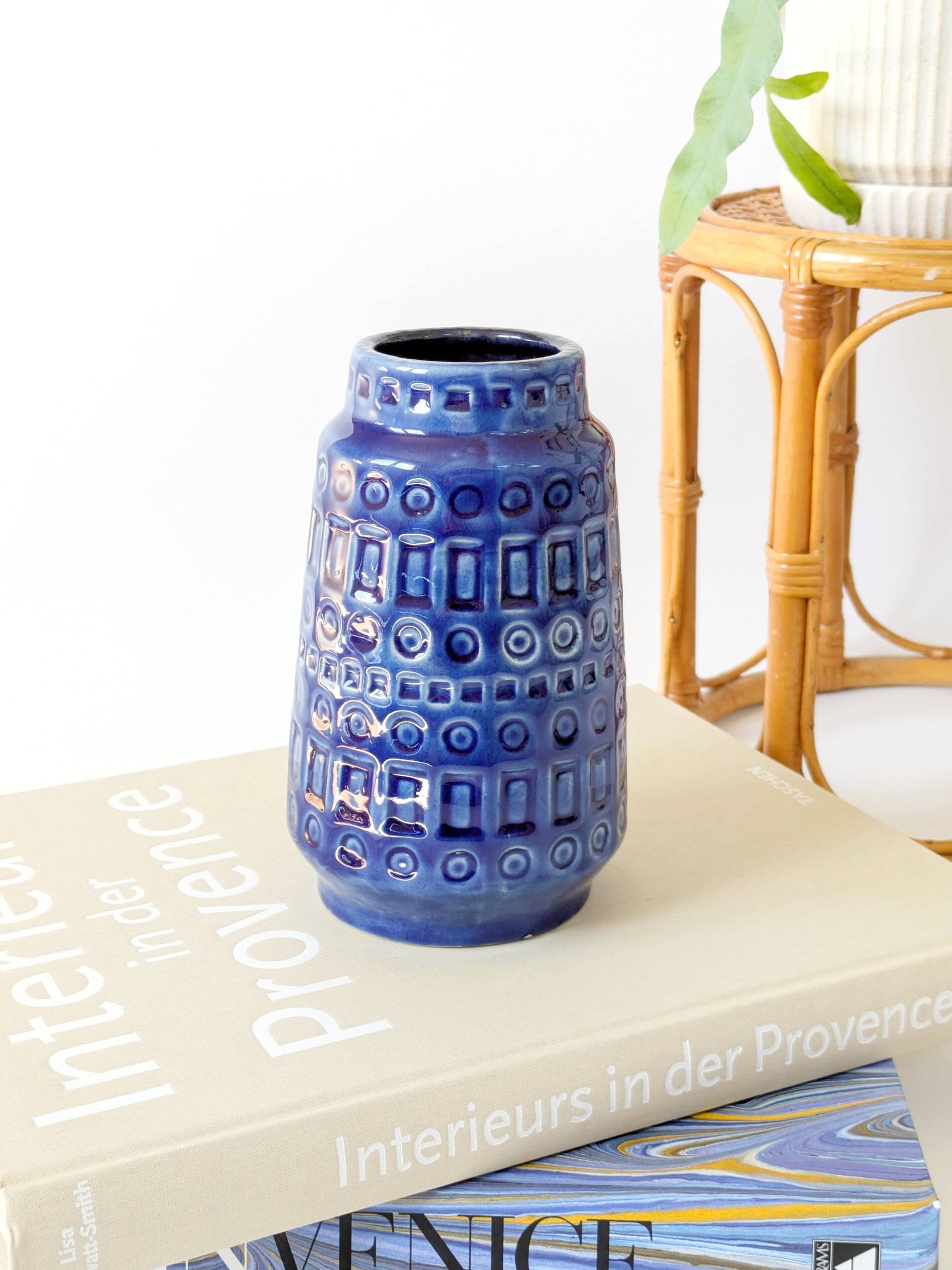 Vintage Scheurich Inka Vase, Blue Ceramic, West Germany