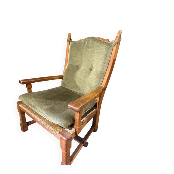 Fauteuil vintage bois et velours vert olive