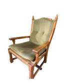 Vintage armchair in wood and olive green velvet