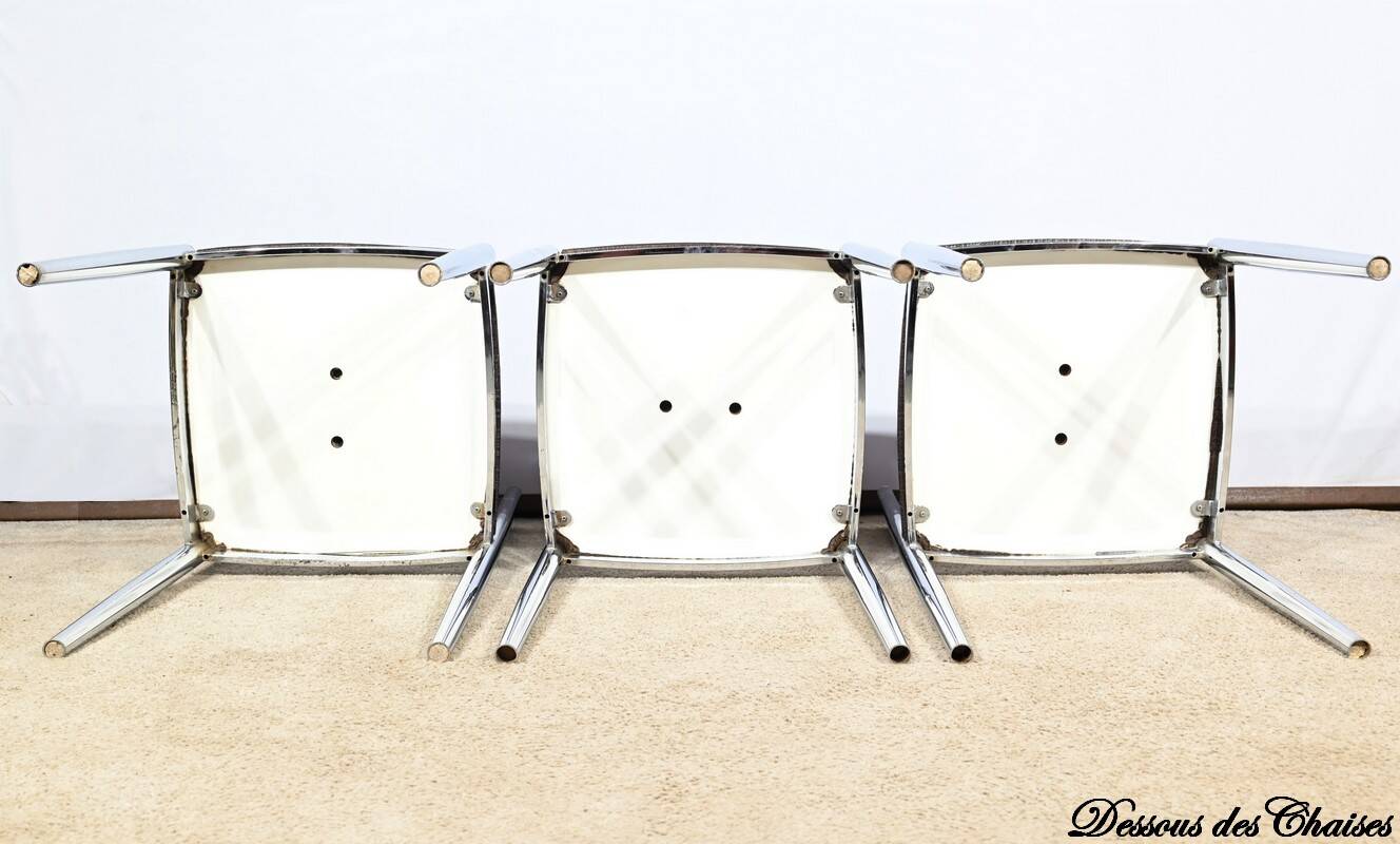 Suite of 3 Leather and Chrome Metal Chairs, attributed to Collomb Creation – 1970