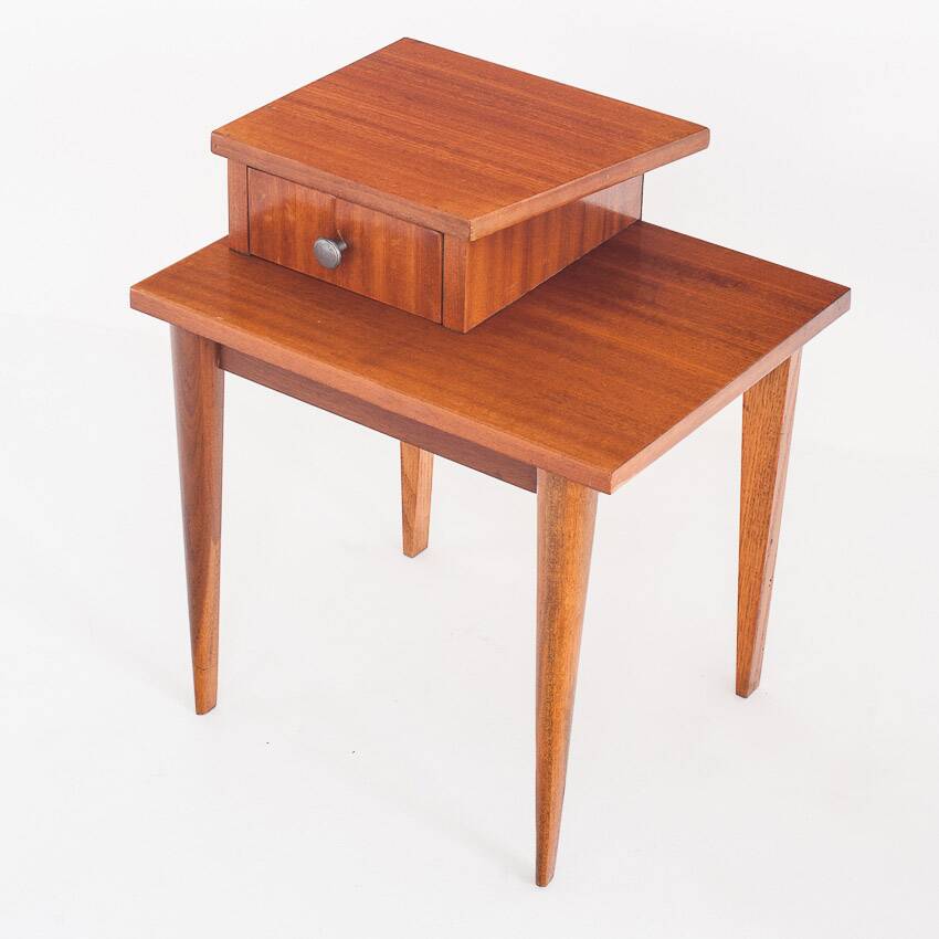Vintage bedside table. Varnished wood. France, 1960s.