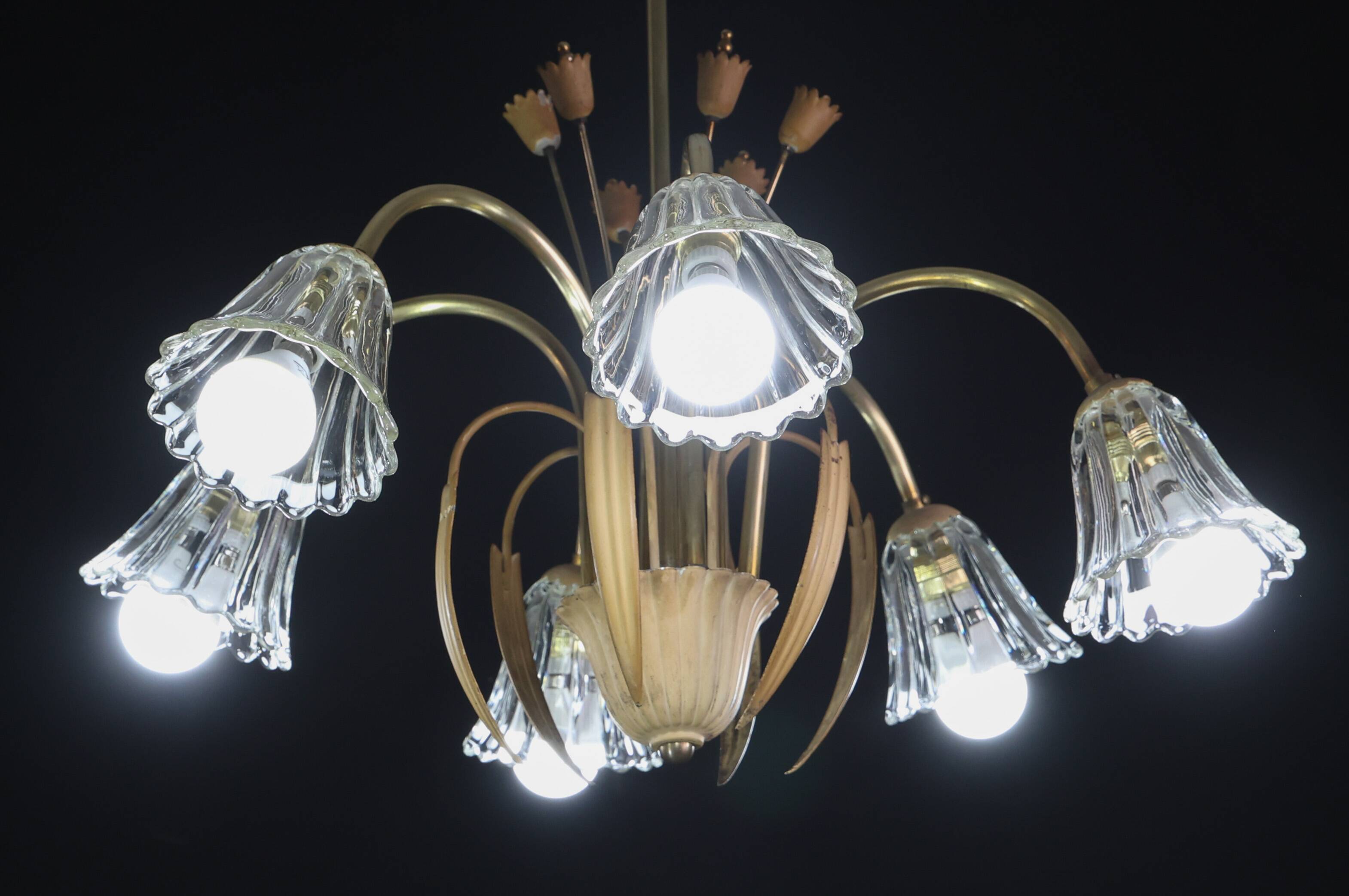 Art Deco Murano Glass and Brass Chandelier, 6 light, 1950
