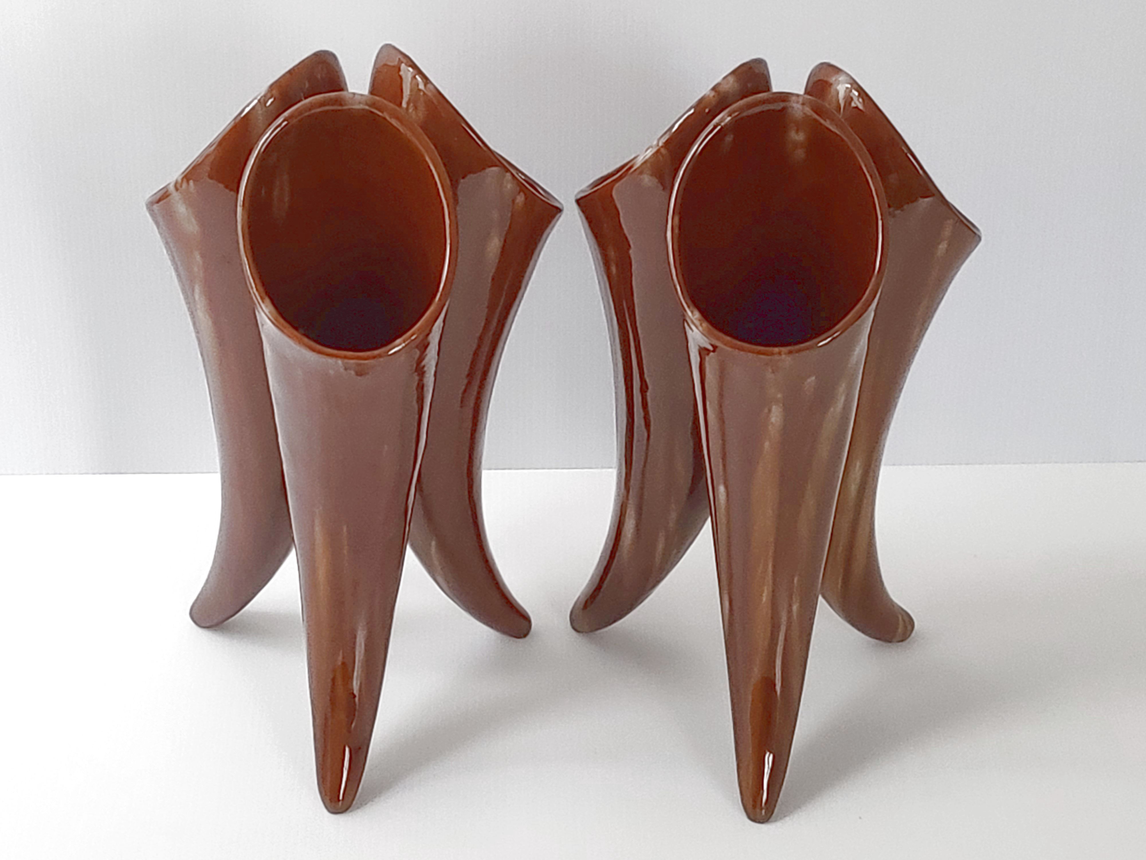 Pair of vases with 3 vintage horns 1960