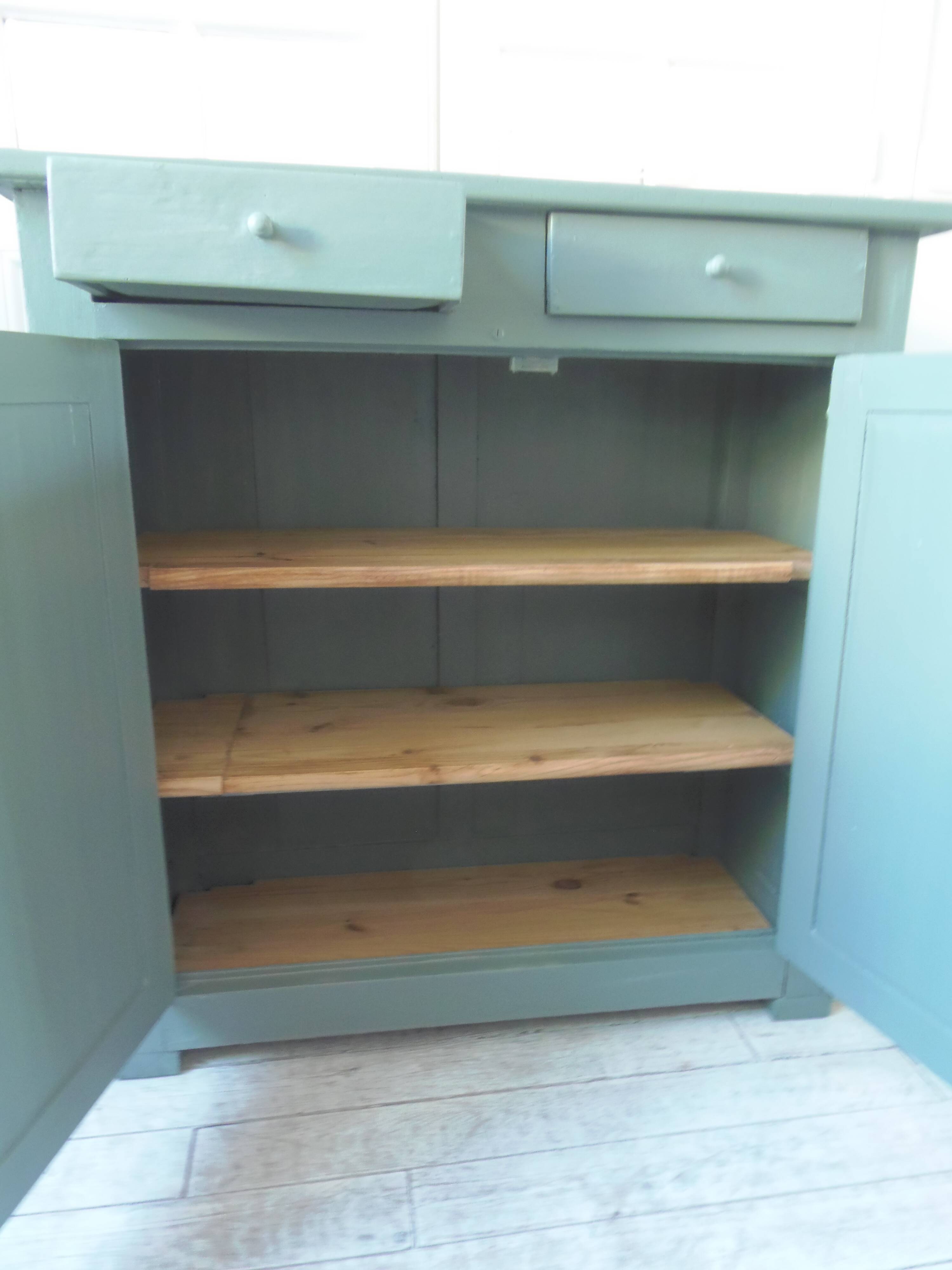 Vintage Parisian sideboard with 2 doors and 2 drawers, re-enchanted in smoky green.