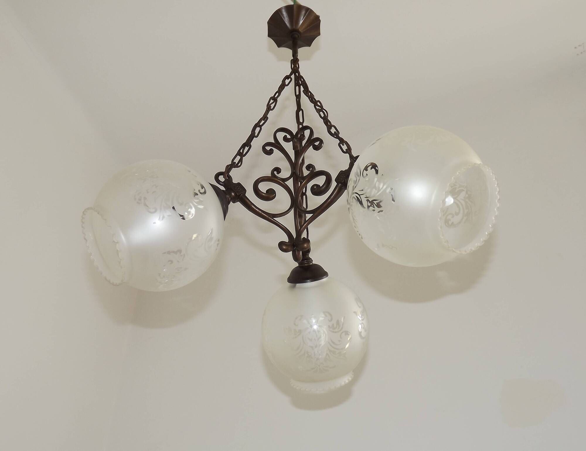 French Vintage 3 Light Bronze Effect Chandelier - Opaque Glass Ball Shades