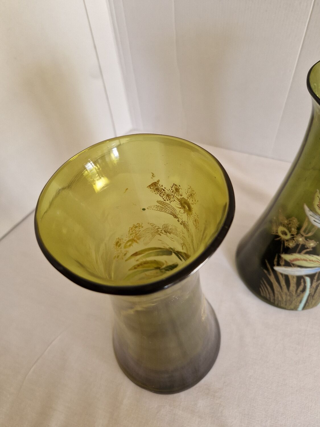 Pair of Enameled Glass Vases with Dragonflies. Unsigned Legras
