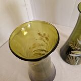 Pair of Enameled Glass Vases with Dragonflies. Unsigned Legras