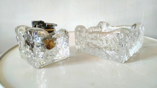 Briquet et cendrier en verre givré Kalmar design années 70