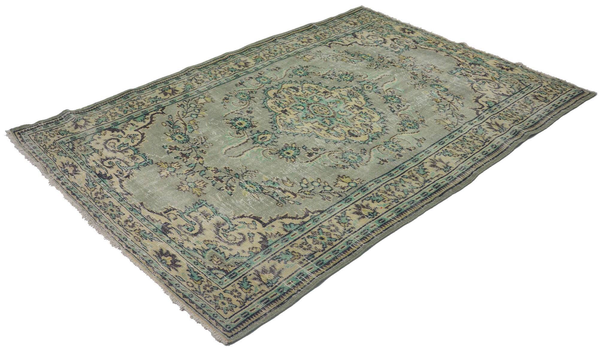 Vintage Turkish Rug Sage Green with Medallion 287 x 193 cm