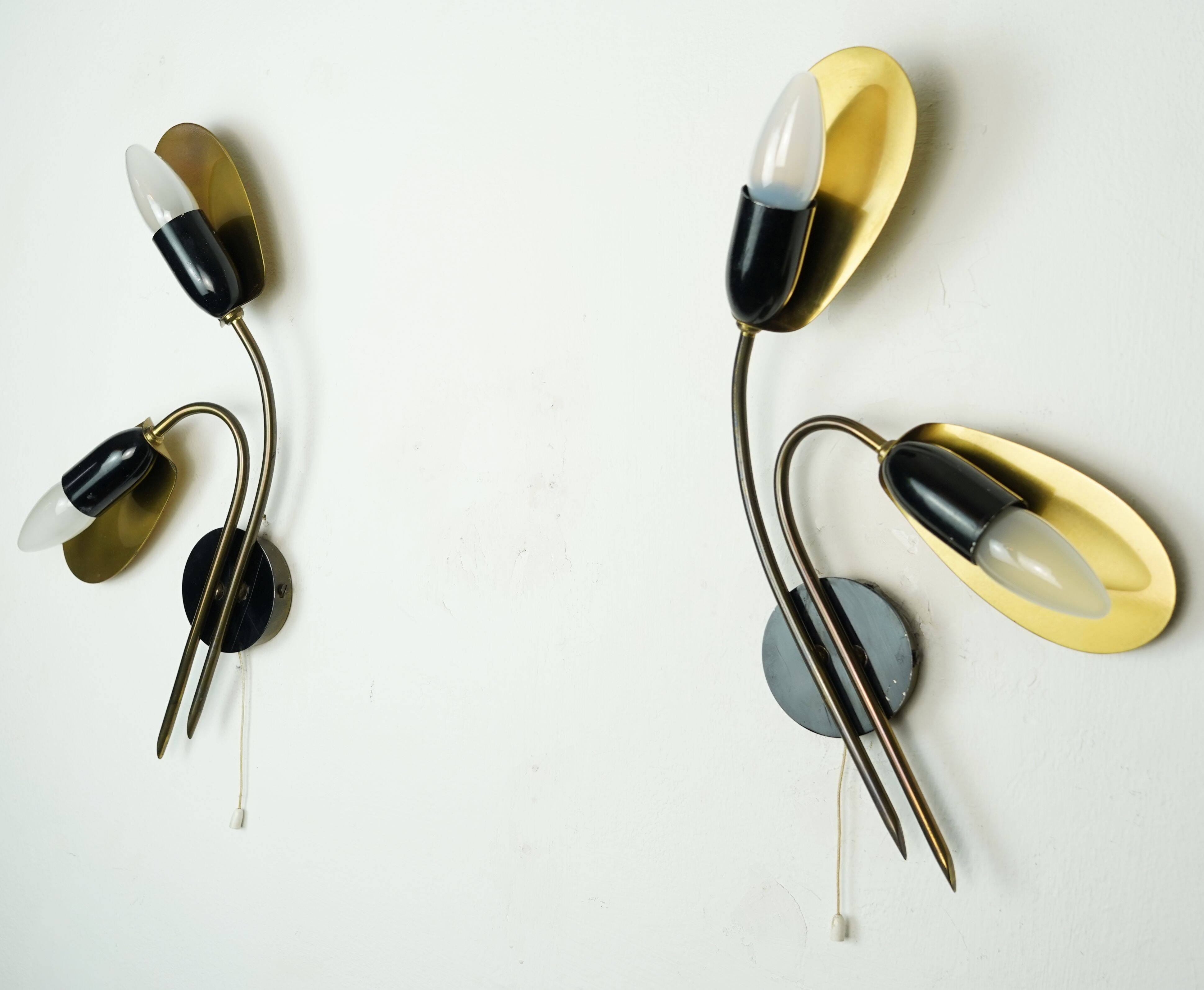 Pair of 1950s mid century sconces wall lamps brass black metal