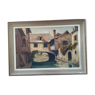 Huile sur toile "Maison enjambant le canal"