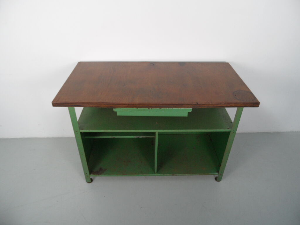 Industrial metal workbench with wooden top 1960s