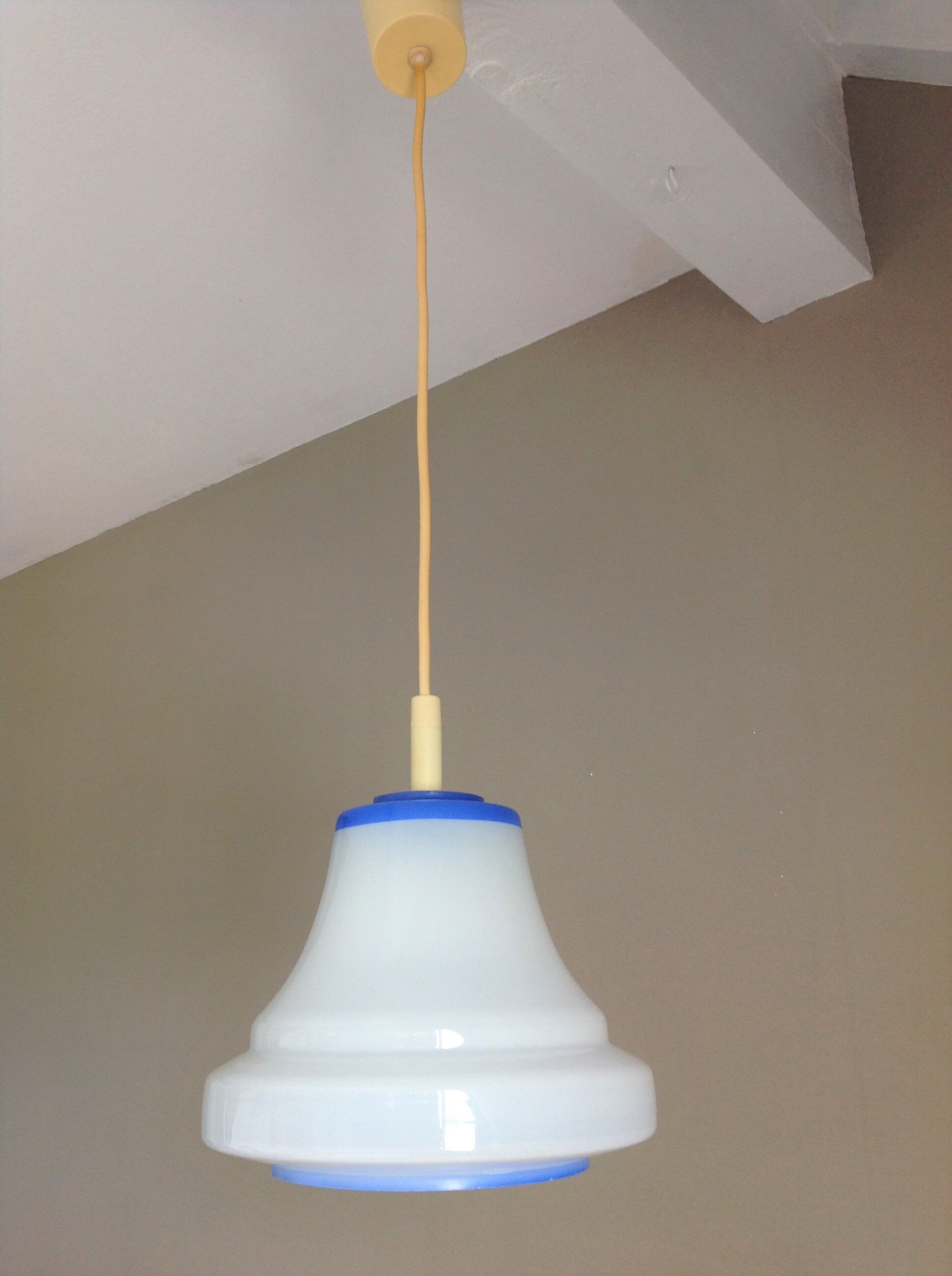 Bell hanging lamp in white and blue opaline 60s
