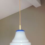Bell hanging lamp in white and blue opaline 60s