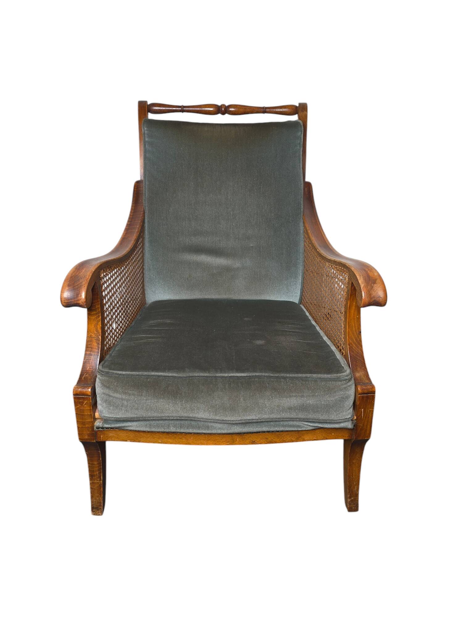 Fauteuil bergère style Régence en bois, tissu et cannage