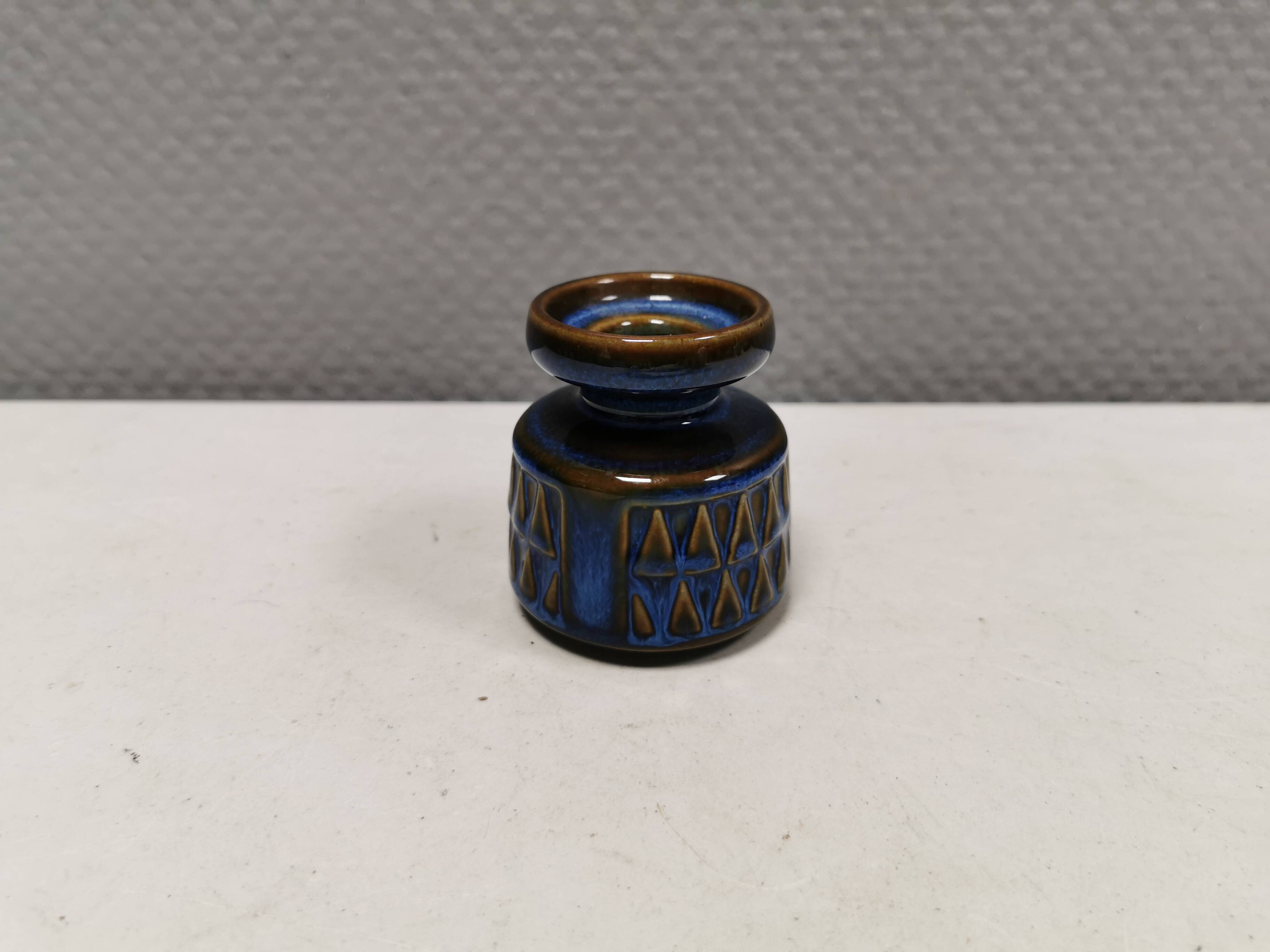 Small candle holder in blue glaze from Danish Søholm 1970s.