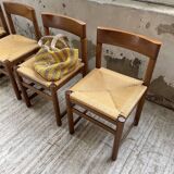 Set of 4 elm straw chairs from the 50s
