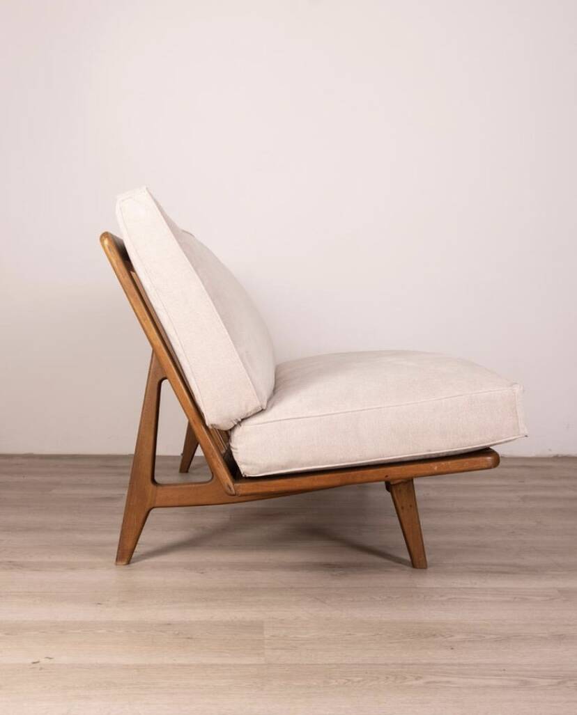 Canapé vintage des années 60 en bois de teck et tissu design danois