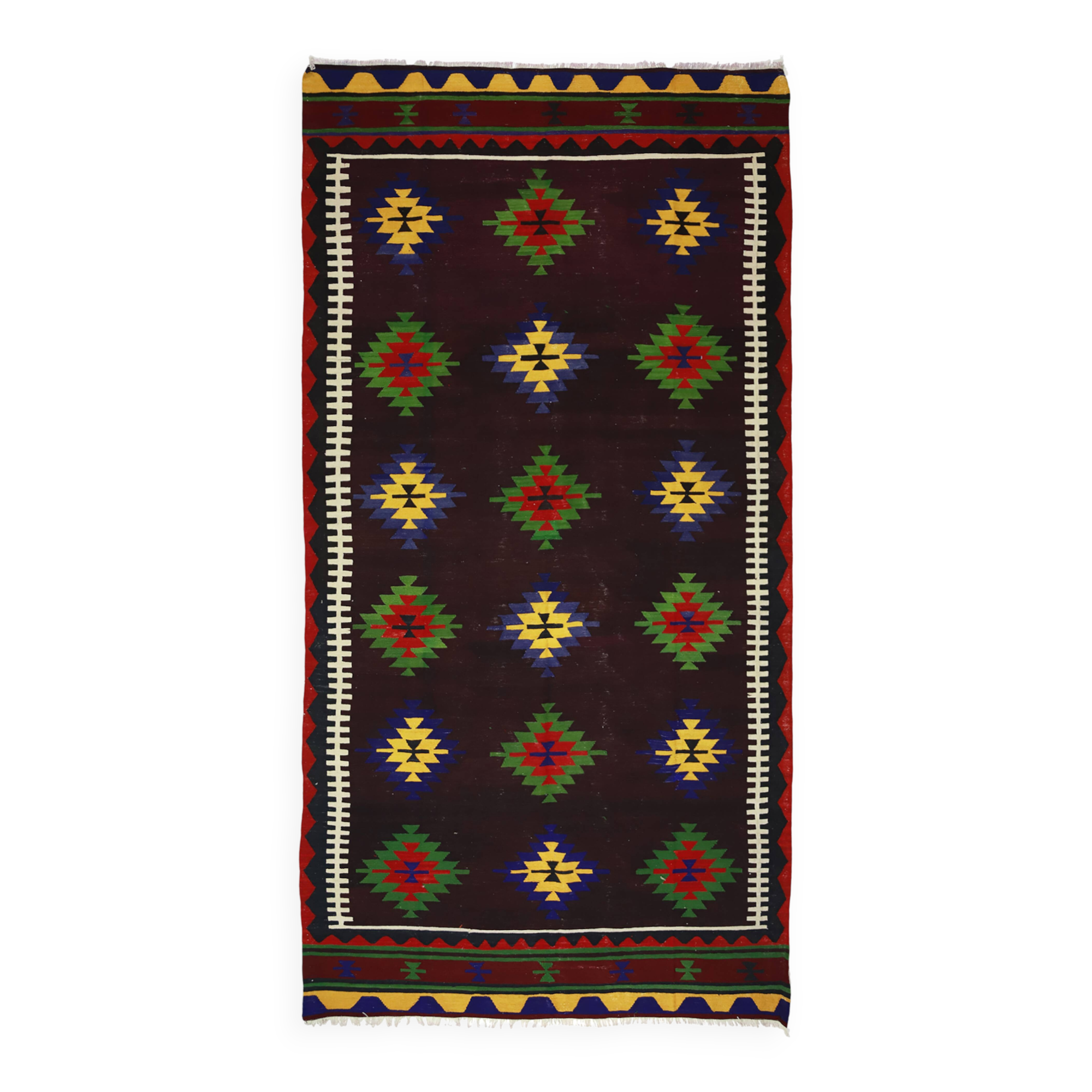 Turkish Kilim Yuruk Vintage 173x342 cm Geometric Red Green Yellow